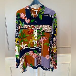 Ulla Popken Von Landen 24 / 26 Button Down Blouse All Over Print Floral Silky